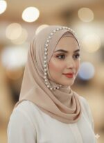 Women Chiffon Hijab with Pearl Lace Border | Premium Soft Muslim Headscarf | Stylish Modest Wear Hijab for Girls & Women | Lightweight & Breathable Dupatta - Image 3