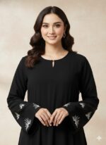 Women's Black Burqa with Embroidered Sleeves, Long Sleeve Burqa for women chest is 44 inches and it is 56 inch long suitable up to 65kg body weight has NO DUPATTA - Image 4