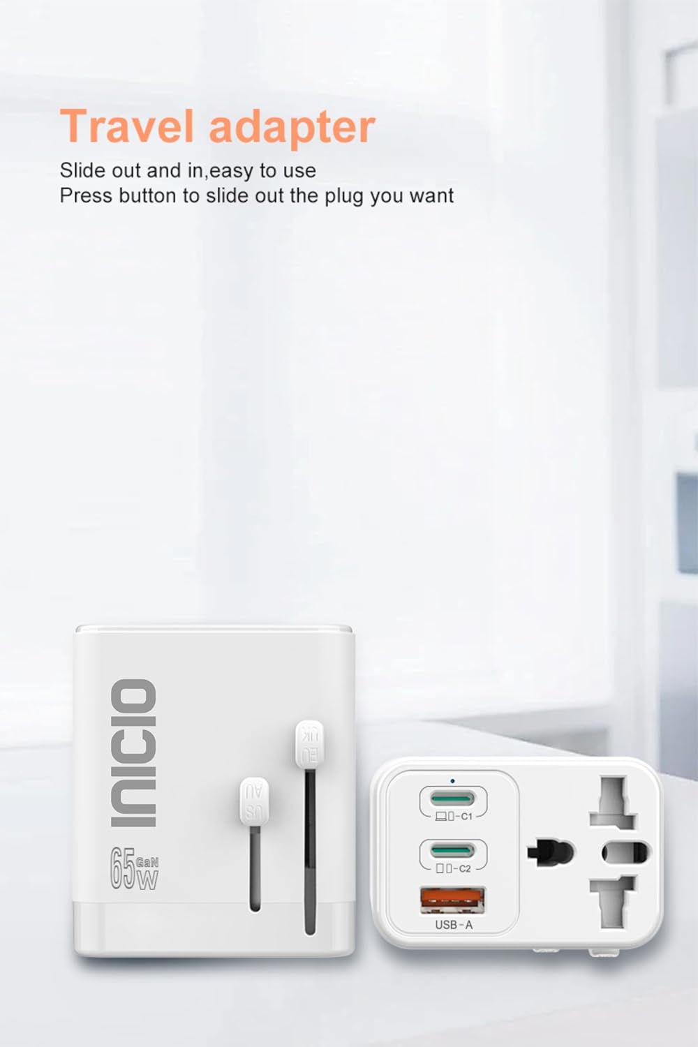 INICIO 65W Universal Travel Charger, 2*Type C 1*USB 1*AC Socket, Works Worldwide EU,UK,USA,AUS International Plug Adapter for MacBook Pro Air iPhone 16 15 14 iPad Galaxy S25 S24 Ultra Android etc - Image 6