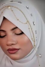 Embellished Hijab Scarf, White, Chiffon, with Gold Pearl Chain and Rhinestone Accents, Elegant Bridal Style - Image 3