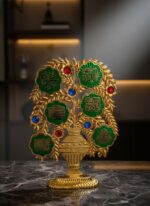 Islamic Decorative Tree with Allah Calligraphy | Gold Finish with Green Enamel and Jewel Accents | Standing Ornament with Pedestal Base | Plastic Table Decor for Home, Office & Gift Purpose - Image 6