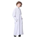 Boy's Muslim Arab Islamic Kaftan Embroidered Robe Solid Color Thobe Islamic Arabic Abaya Ethnic Dress With Pockets - Image 3