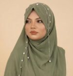 Instant Ready-to-Wear Bridal Stylish Jhumar Hijab | Heavy Handwork Wedding Hijab for Brides | Luxe Embellished Islamic Bridal Scarf (Pack of 1) (Green) - Image 4