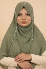 Instant Ready-to-Wear Bridal Stylish Jhumar Hijab | Heavy Handwork Wedding Hijab for Brides | Luxe Embellished Islamic Bridal Scarf (Pack of 1) (Green) - Image 5