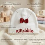 Mashallah Baby Hat & Scratch Mittens Set | Newborn Hospital Beanie with red Bow | Arabic Embroidered Islamic Gift | Soft Knit Cotton Baby Cap for Girls (White & Red) - Image 3