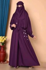 H R COLLECTION Women’s Black Abaya with Niqab Set – Modest Islamic Burqa Dress, Full Coverage Abaya Gown with Belt, Button Detail, Flowy Dubai Style Free Size (S–XXL) for Eid, Prayer & Daily Wear - Image 4