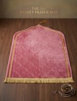 Pink Islamic Prayer Mat with Tassels, Soft Padded Sajadah Rug, Moroccan Embossed Pattern, Gold Border - Image 3