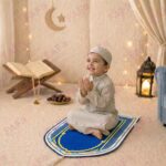 FAF Girl & Boy Velvet Prayer Mat | Children janamaz Prayer Rug for Kids (upto 3 years) | Soft Thick Namaz Mat, Portable Travel Janemaaz | Mussalla for Home, Mosque & Ramzan, Hajj and Umrah (Dark Blue) - Image 4
