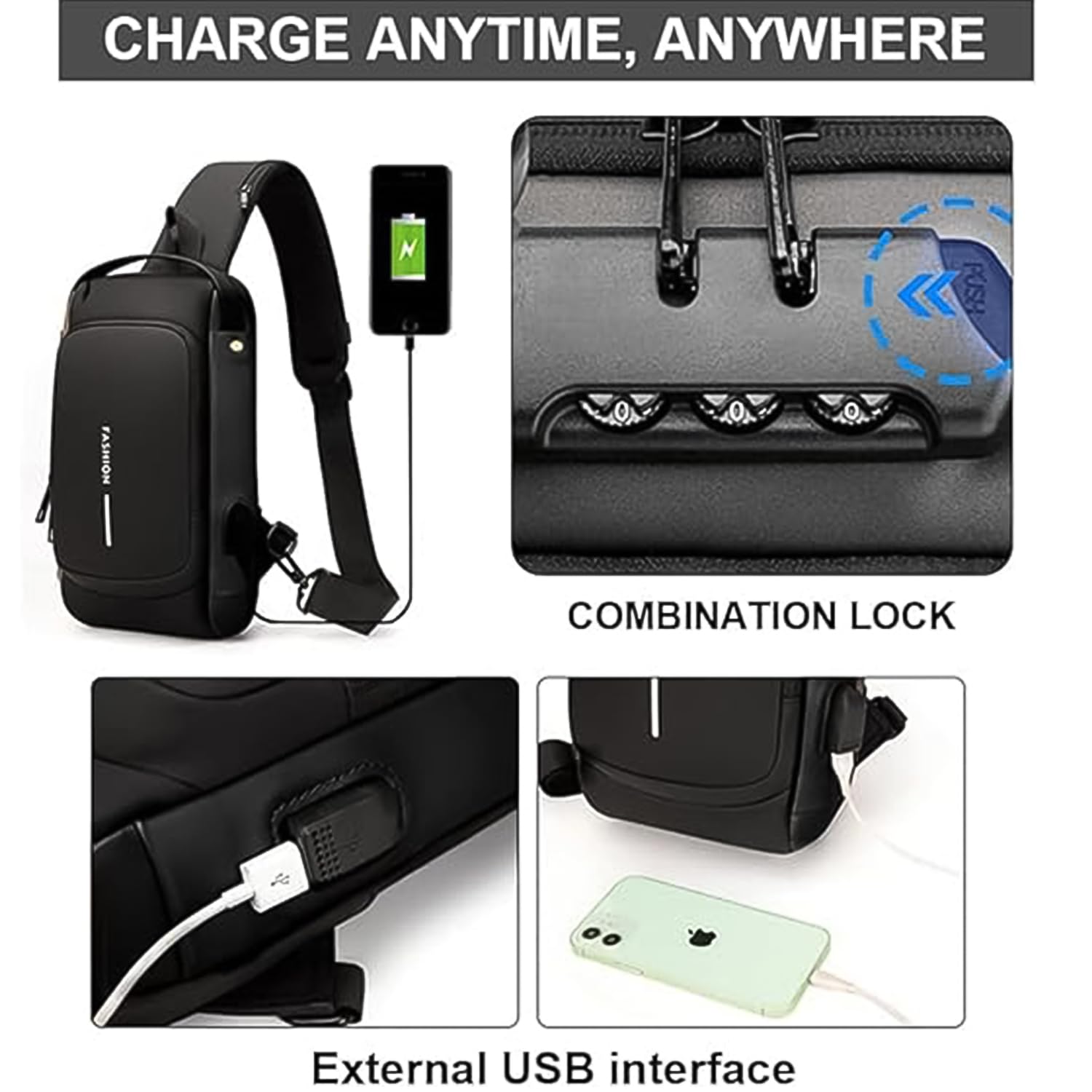 Oblivion Crossbody Bags for Men – Multicolor Stylish Waterproof Unisex Anti-Theft Chest Backpack with USB Port – Casual Travel Shoulder Sling Bag for Passport, Mobile & Wallet (Black) - Image 8