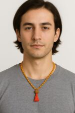 Original 5 Mukhi Rudraksha Mala 12 Inch Golden Glass & Red Plastic Beads with 1 Natural Rudraksha Japa Mala for Pooja Meditation Mantra Chanting & Hindu Spiritual Wear (MALA with Bracelet) - Image 6