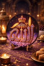 Cliths 8 Inch Round Allah Islamic Wall Hanging & Table Top Decor | MDF Ramzan Eid Decoration Items for Home | Ramzan Mubarak Gift - Image 3