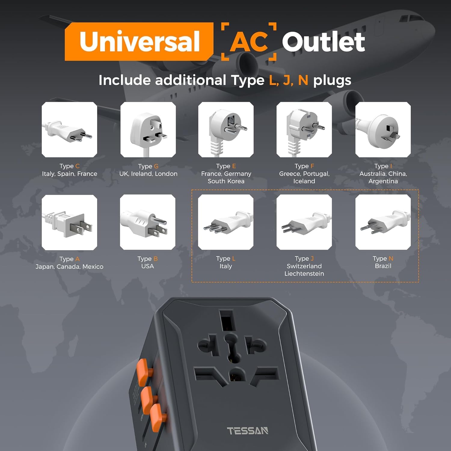 TESSAN Universal Travel Adapter, International Plug Adapter with 65W GaN Fast Charging, Type C Travel Adapter for Europe UK USA Australia, 3 C Ports 2 A Ports - Image 6