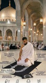 Traveling Janamaz Prayer Mat | Black Lightweight Waterproof Portable Janamaj | Full Size Prayer Rug with Compact Zippered Pouch - Image 5