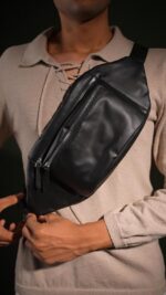 Dvau Metal Zip Unisex Premium Leather Waist Pack Multi Pocket Travel Handy Hiking Zip Pouch Elegant Style Document Money Phone Belt Sport Bag for Men and Women Adjustable Strap (Charcole Black) - Image 3