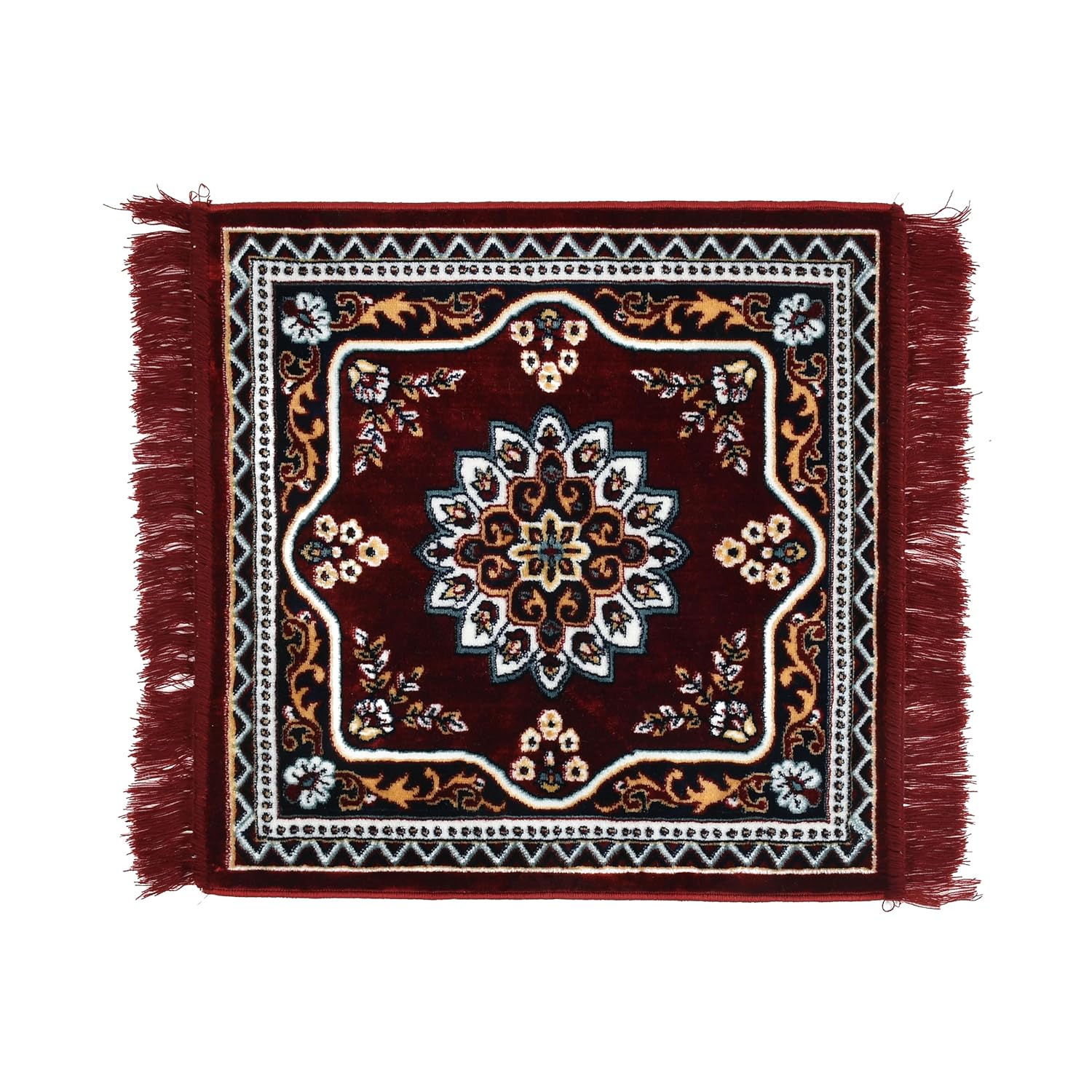 DIOS Traditional Persian Area Rug, Fringed Border, Vintage Pattern, Vira Aasan, Prayer Mat for Pooja Room, Soft Velvet Material Meditation Prayer Mat Size 20 X 20 Inch, Pack of 1 (1, Maroon) - Image 3