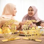 2 Pcs Golden Wooden Ramadan Moon Table Decor, Islamic Eid Mubarak Kareem Crescent Signs, 7.67 x 8 Inch Ready-to-Display Centerpiece – American Elm - Image 4