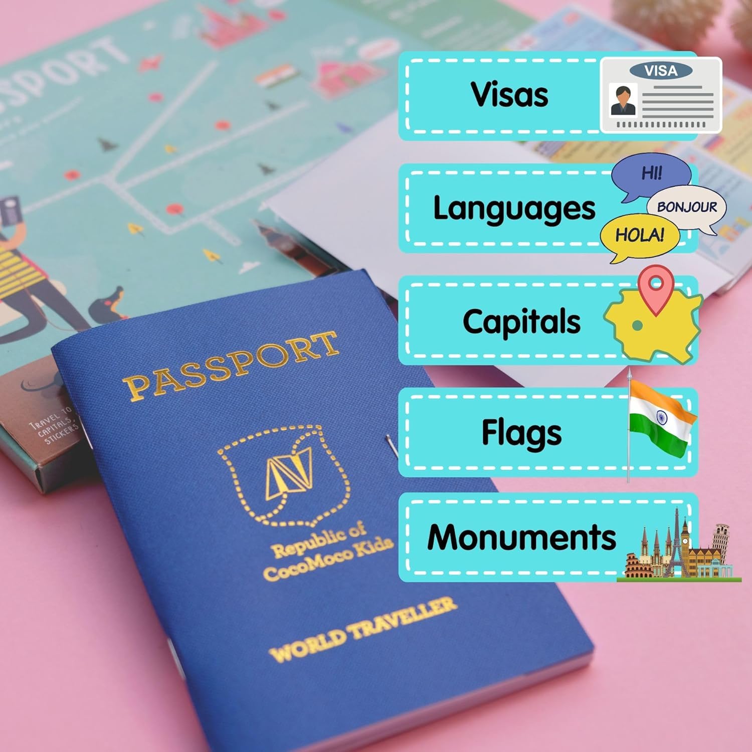 CocoMoco Kids Play Passport for Kids, Geography Educational Toy Activity Kit with Reusable Stickers and World Map, Return Gift for Kids Ages 4-11 Year olds - Image 4