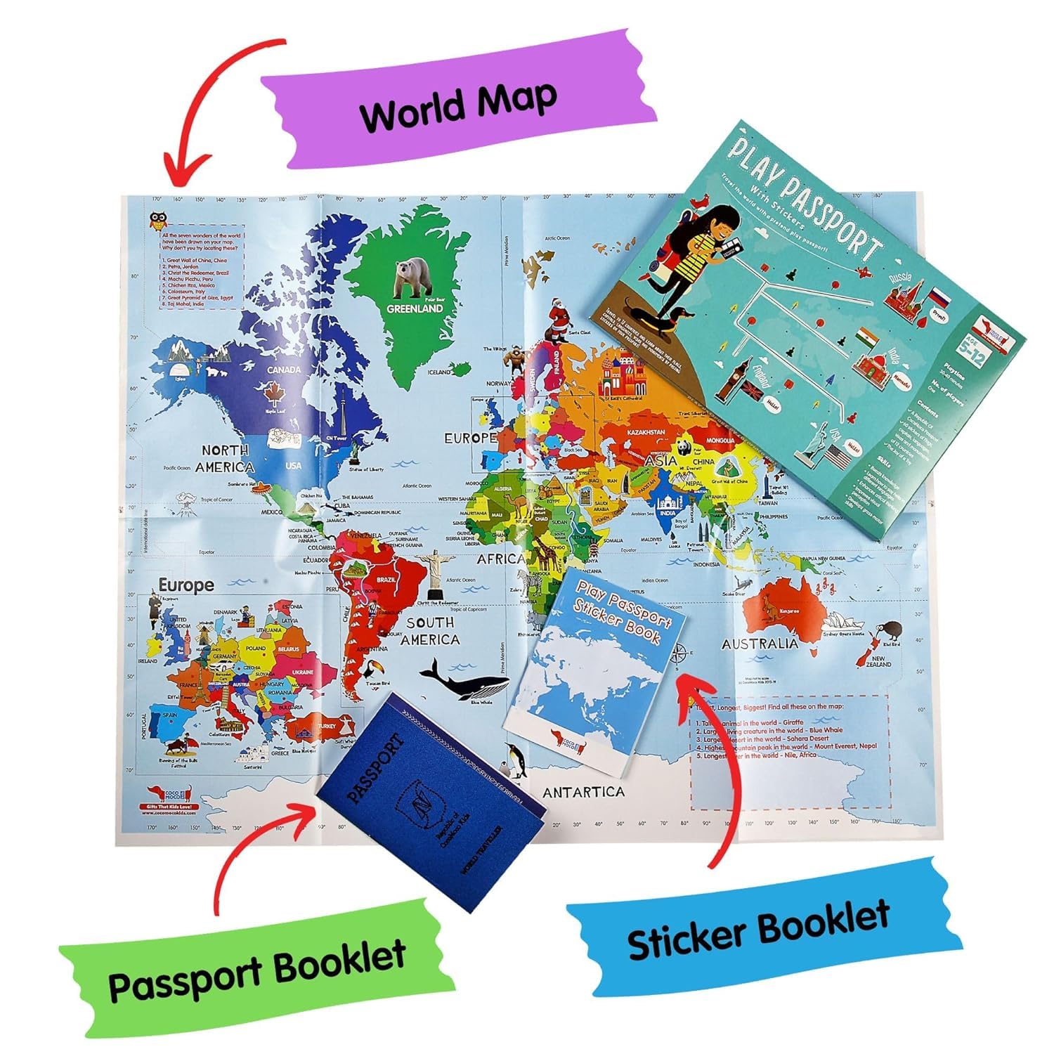 CocoMoco Kids Play Passport for Kids, Geography Educational Toy Activity Kit with Reusable Stickers and World Map, Return Gift for Kids Ages 4-11 Year olds - Image 5