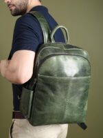 MaheTri Luxury Italian Leather Laptop Backpack for Men (15.6") | Leather Backpack with Padded & Adjustable Straps | Padded Tablet & Laptop Sleeve | Travel, College Bag | Green & Tan - Image 4