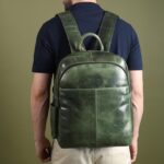 MaheTri Luxury Italian Leather Laptop Backpack for Men (15.6") | Leather Backpack with Padded & Adjustable Straps | Padded Tablet & Laptop Sleeve | Travel, College Bag | Green & Tan - Image 6