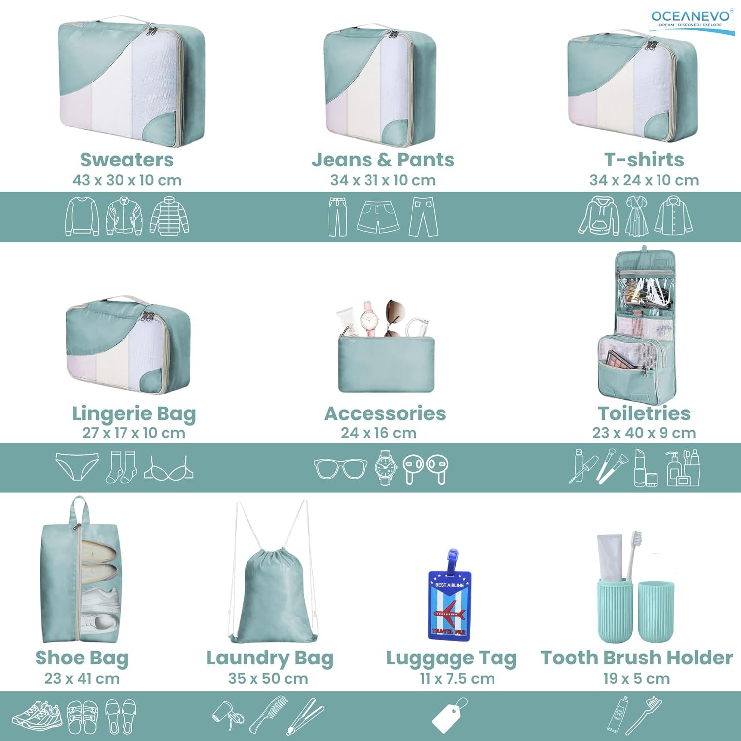 OCEANEVO Set of 10 Pcs Packing Cubes for Travel | Includes Luggage Tag and Toothbrush Holder | Suitcase Organizer for Travelling for Clothes, Shoes and Lingerie | Model 3.0 - Sky Blue-1 Year Warranty - Image 3