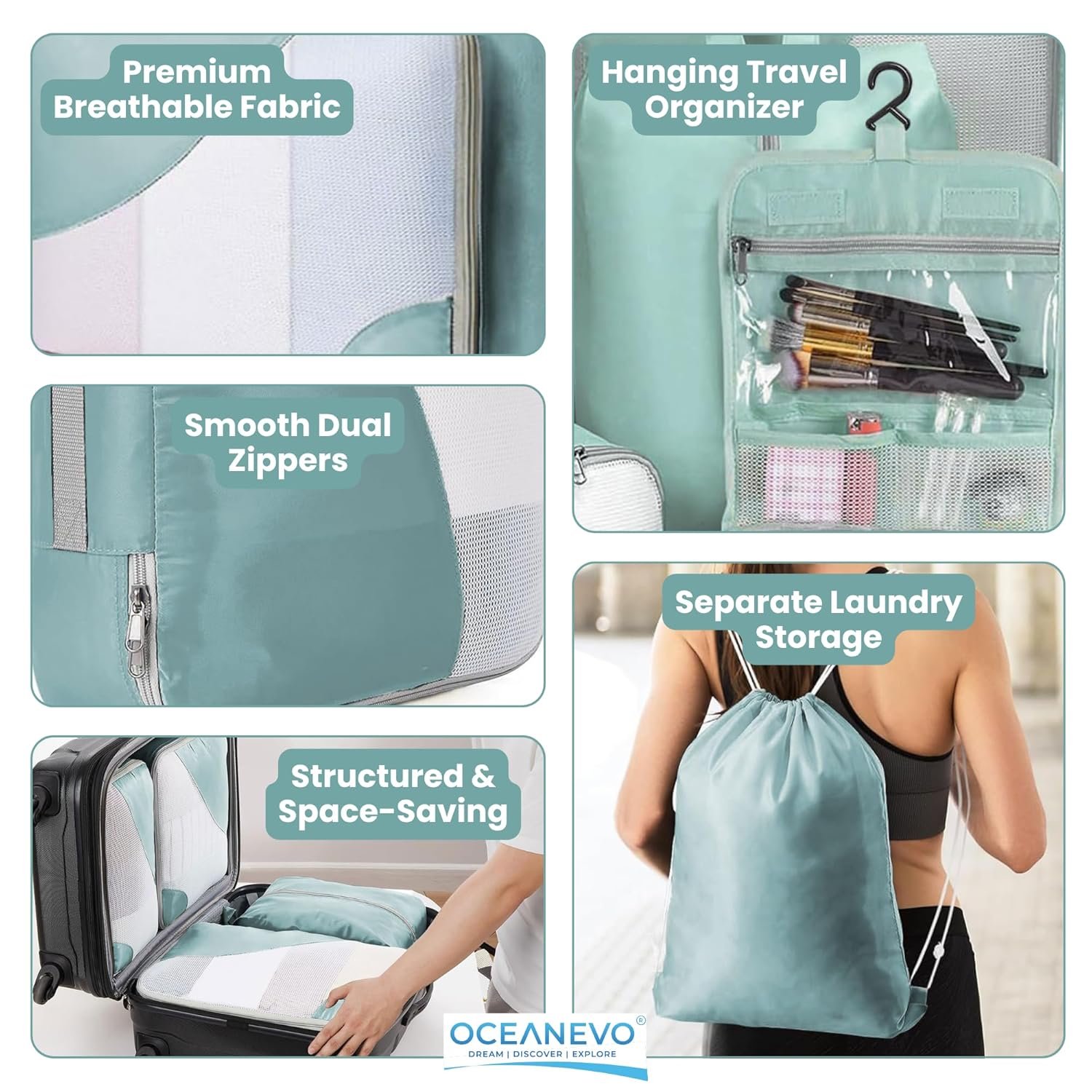 OCEANEVO Set of 10 Pcs Packing Cubes for Travel | Includes Luggage Tag and Toothbrush Holder | Suitcase Organizer for Travelling for Clothes, Shoes and Lingerie | Model 3.0 - Sky Blue-1 Year Warranty - Image 7