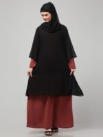 Black and Maroon Modest Attached Shrug for Women and Girls, Layered Islamic Abaya Dress with Bell Sleeves - Image 4