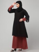 Black and Maroon Modest Attached Shrug for Women and Girls, Layered Islamic Abaya Dress with Bell Sleeves - Image 5