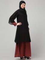 Black and Maroon Modest Attached Shrug for Women and Girls, Layered Islamic Abaya Dress with Bell Sleeves - Image 6