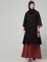 Black and Maroon Modest Attached Shrug for Women and Girls, Layered Islamic Abaya Dress with Bell Sleeves - Image 7