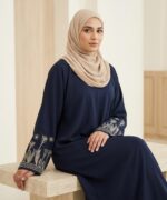 Noor Tulip Women’s Premium Navy Blue Firdous Abaya with Designer Sleeve Embroidery | Elegant Modest Islamic Wear Kaftan Burqa | Long Sleeves | Without Dupatta - Image 3