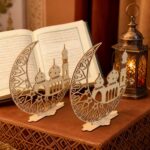 Cliths 2pcs Islamic Crescent Moon Table Decor Resi with Mosque Design for Ramadan Mubarak Eid al-Fitr Home Decoration 19 x 19.5CM - Image 3