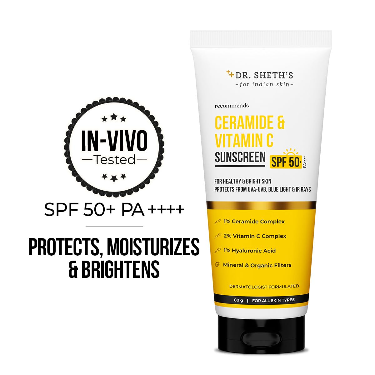 Dr. Sheth's Ceramide & Vitamin C Sunscreen SPF 50+ PA++++ |In-Vivo Tested | For Healthy & Bright Skin | Lightweight & Non Greasy | For UVA/UVB & Blue Light & IR Protection | No white cast | For All Skin Types | For Men & Women | 80 g - Image 3