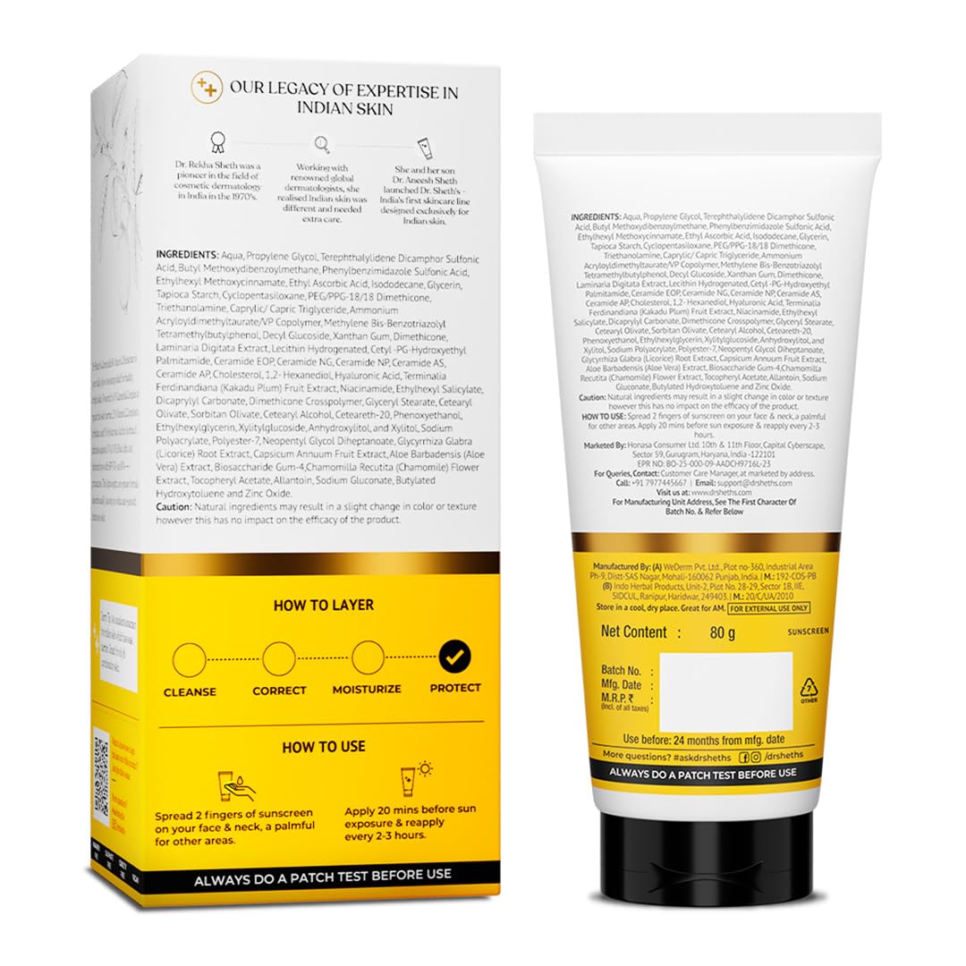 Dr. Sheth's Ceramide & Vitamin C Sunscreen SPF 50+ PA++++ |In-Vivo Tested | For Healthy & Bright Skin | Lightweight & Non Greasy | For UVA/UVB & Blue Light & IR Protection | No white cast | For All Skin Types | For Men & Women | 80 g - Image 7