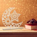 American Elm 2 Pieces Wood Ramadan Decorations Islamic Eid Mubarak Kareem Table Sign Moon Hollow Star Ornament for Muslim Party Tabletop Decor Home Art Craft Decoration Moon - Image 8