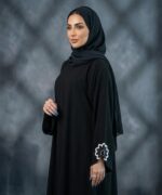 Women Black Firdous Abaya with Floral Sleeve Embroidery | Elegant Modest Wear Burqa | Flowy Islamic Dress | Long Sleeves | Without Dupatta - Image 5