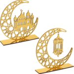 2 Pcs Golden Wooden Ramadan Moon Table Decor, Islamic Eid Mubarak Kareem Crescent Signs, 7.67 x 8 Inch Ready-to-Display Centerpiece – American Elm - Image 2