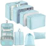 8 Pcs Travel Organizer Set for Luggage – Waterproof Packing Cubes with Shoe Bag, Toiletry Pouch & Laundry Bag | Suitcase Storage Bags for Travel (Sky Blue) - Image 2