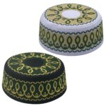 AKONNAS 2Pcs Muslim Prayer Kufi Hats for Men Islam Beanie Skull Cap Embroidered Topi Round Cap Headwear Ramadan Eid Gift(Green+Yellow), Green+yellow, One Size - Image 2