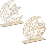 American Elm 2 Pieces Wood Ramadan Decorations Islamic Eid Mubarak Kareem Table Sign Moon Hollow Star Ornament for Muslim Party Tabletop Decor Home Art Craft Decoration Moon - Image 2