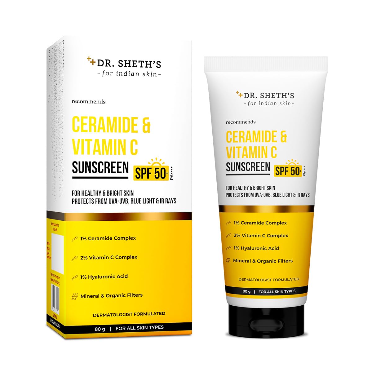 Dr. Sheth's Ceramide & Vitamin C Sunscreen SPF 50+ PA++++ |In-Vivo Tested | For Healthy & Bright Skin | Lightweight & Non Greasy | For UVA/UVB & Blue Light & IR Protection | No white cast | For All Skin Types | For Men & Women | 80 g - Image 2