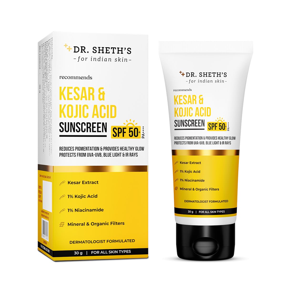 Dr. Sheth's Kesar & Kojic Acid Sunscreen SPF 50+ Pa++++ |In-Vivo Tested | For Pigmentation-Free Skin | Lightweight & Non Greasy | For UVA/UVB & Blue Light & IR Protection | No White Cast | For All Skin Types | For Men & Women | 30 g - Image 2