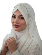 Embellished Hijab Scarf, White, Chiffon, with Gold Pearl Chain and Rhinestone Accents, Elegant Bridal Style - Image 2