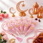 Ferreve 24 Sets Muslim Prayer Beads Ramadan Eid Gifts with Pyramid Box Round Badges Ribbon Muslim Party Favors Pearl Islamic Prayer Beads for Ramadan Eid Tasbih Hajj Umrah Wedding Gifts(Pink) - Image 2