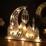 Haoser Eid Mubarak Table Decor Moon Castle Lantern Design Wooden Ornament Islamic Ramadan Kareem Desktop Decoration Size 8.66 x 10.63 Inches 1 Set Ready-to-Display - Image 2