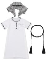 IDOPIP Muslim Baby Boys Ramadan Eid Outfit Kaftan Thobe Arabic Islamic Abaya Dubai Robe Prayer Clothes with Head Scarf + Rope - Image 2