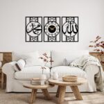 Islamic Wall Art Set with Clock, 3-Piece Wooden Arabic Calligraphy Decor, Black Geometric Frame Design, Modern Religious Home Decoration - Image 2
