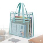 JERN Transparent Mesh Carry Bag with Handle, Clear Document Organizer, File Folder Storage Tote, Office School College Travel Bag, Pastel Color, 33x26x9 cm (Blue) - Image 2