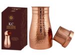 KC Pure Copper Designer Copper Water Bottle | Pitchers | Water Jug | Bedroom Jar | Bedside Bottle Carafes with Tumbler/Glass with Lid 1250 ML (Hammered) - Image 2