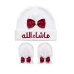 Mashallah Baby Hat & Scratch Mittens Set | Newborn Hospital Beanie with red Bow | Arabic Embroidered Islamic Gift | Soft Knit Cotton Baby Cap for Girls (White & Red) - Image 2